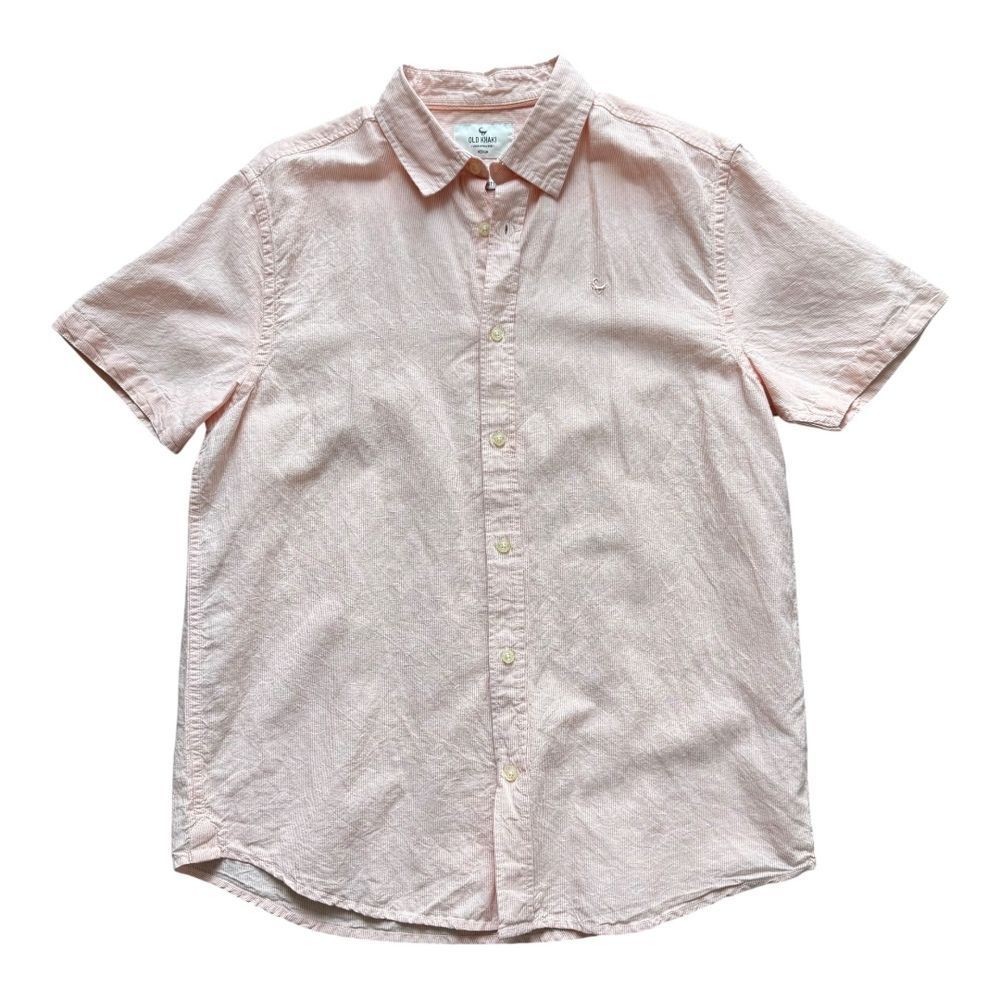 Old Khaki Light Pink Watermelon Linen Casual Button Up Shirt Pinstriped Mens M